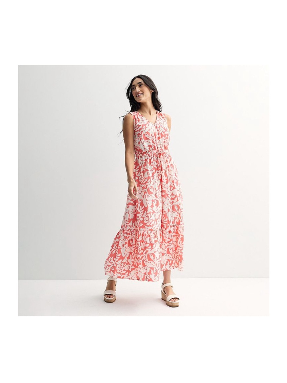 Sleeveless Coral and White Floral Maxi Dress